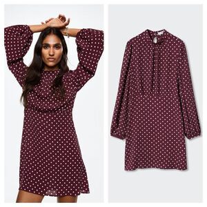 Mango MNG Flowy Polka Dot Mock Mini Dress Balloon Sleeve Burgundy Women's 12 NEW